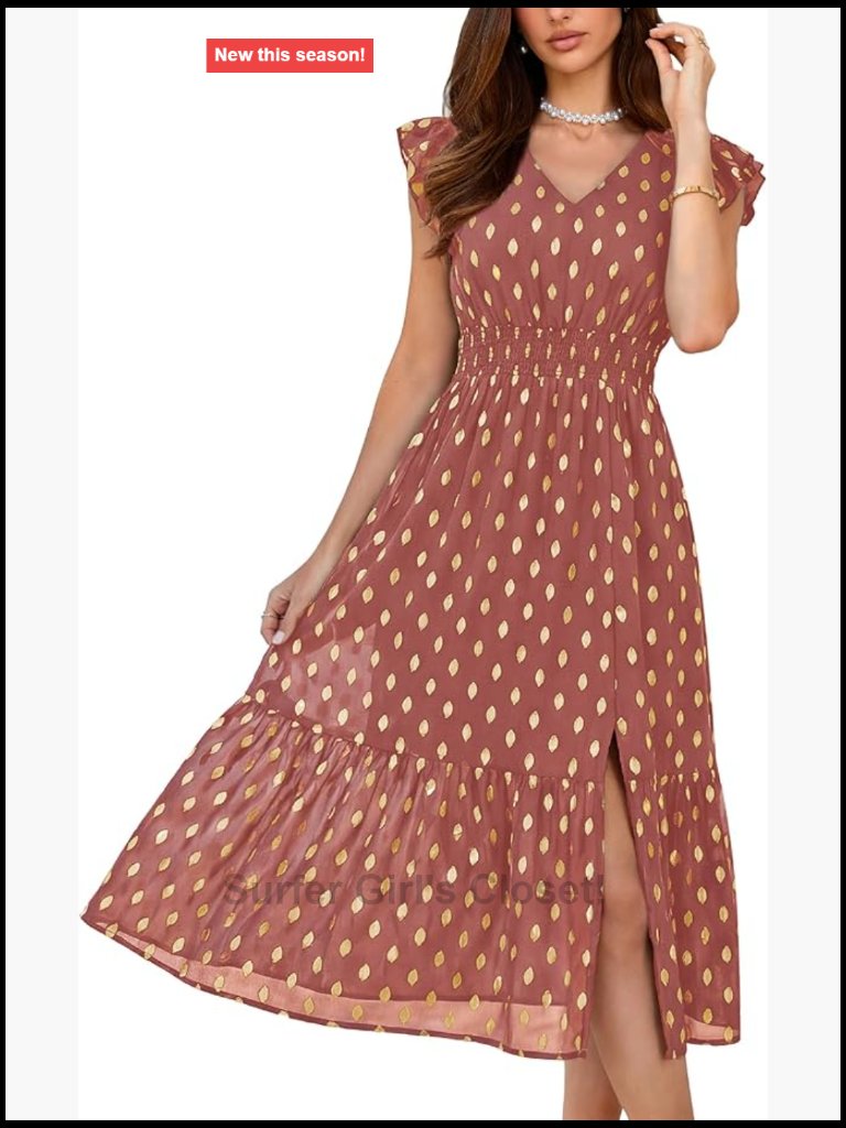 Women's V Neck Ruffle Sleeve A-Line Midi Dress Tiered Hem Slit